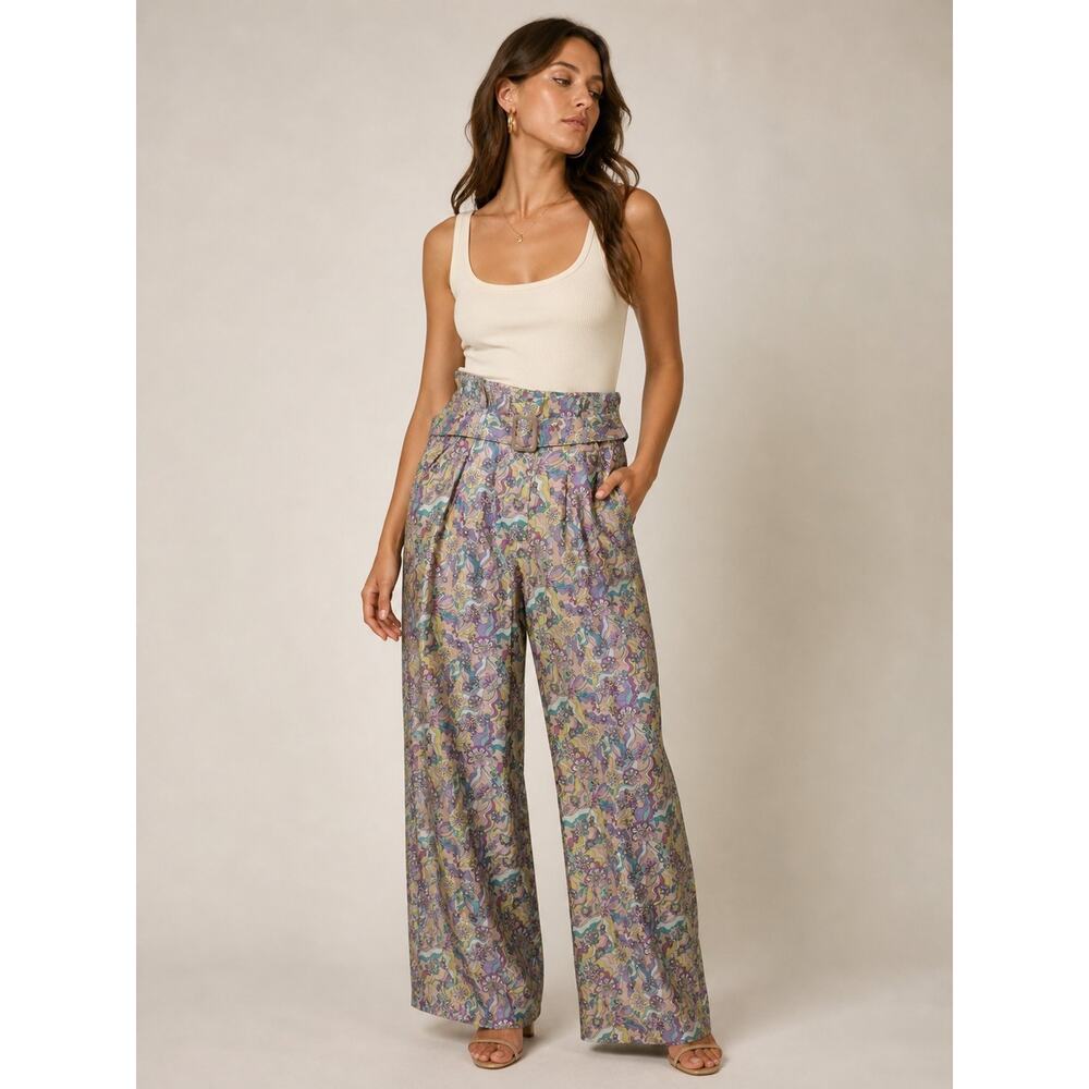 La porte X Anthropologie Paperbag Pants Swirl Print Pink Purple Large NWT